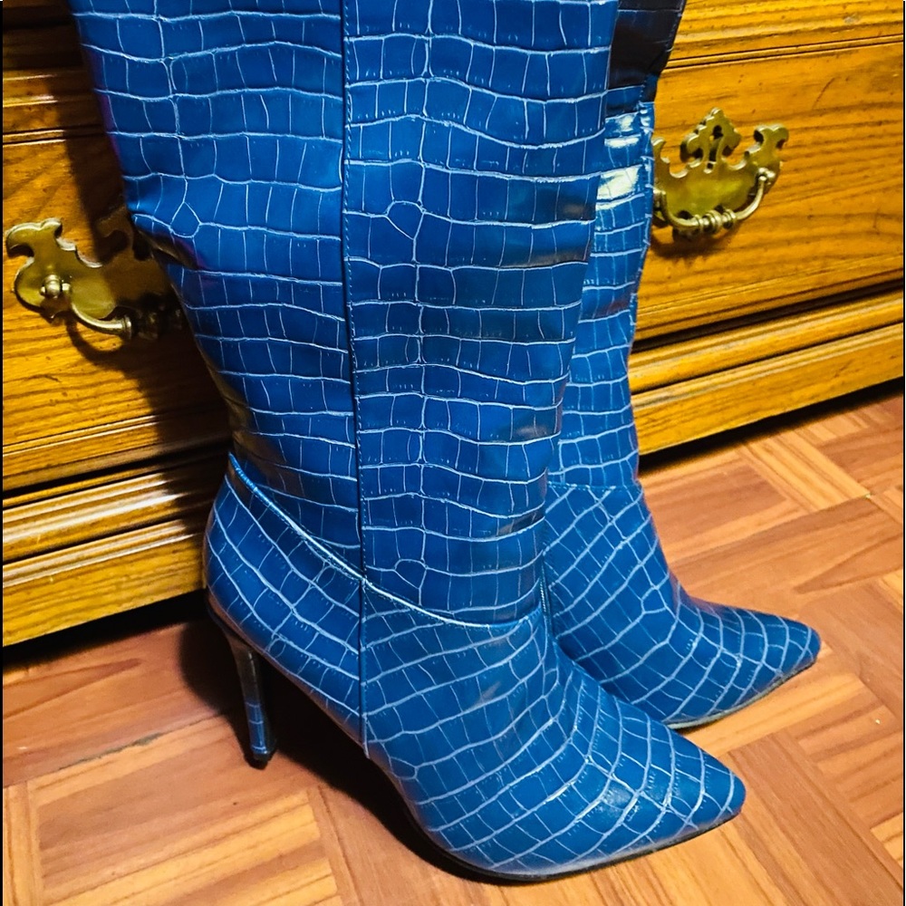 Blue Croc print knee high boots
